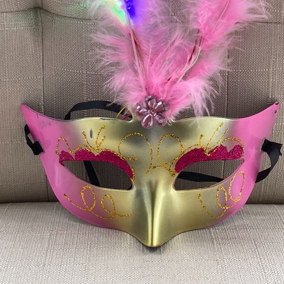 Light Up Mask Pink Faux Feather Party Mask Women Masquerade Eye Mask - Picture 2 of 11